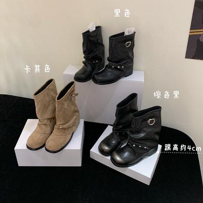 Женские полусапоги в стиле западного ковбоя 2025 новая плиссированная обувь короткие сапоги полированные ретро сапоги рыцаря