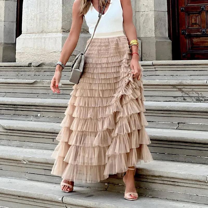 Женские плиссированные длинные юбки с оборками, дизайнерские элегантные сексуальные сетчатые кружевные свободные юбки, однотонная сетчатая лоскутная марлевая вечерние наряд