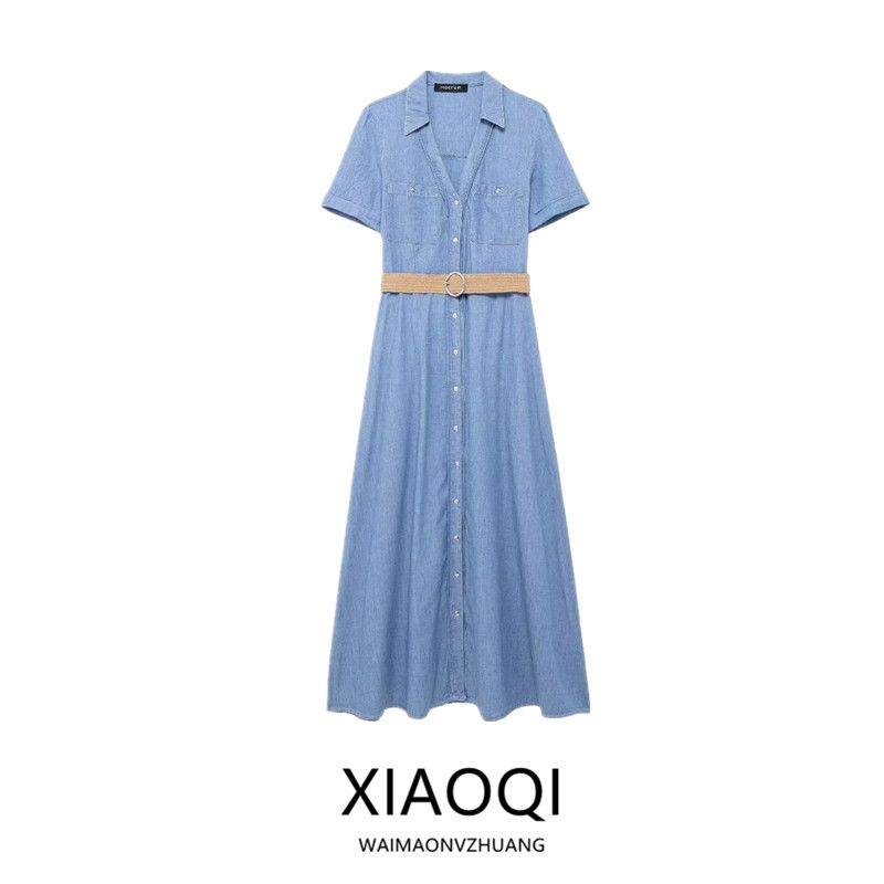 Fashion Style 2024 Summer New Women's Clothing with Belt Shirt Style Midi Skirt Dress Long Dress 7929052