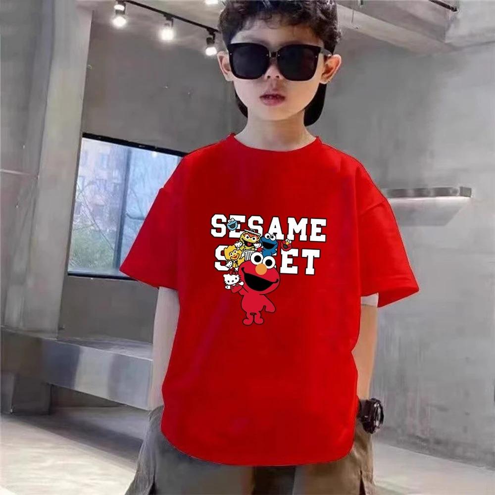 2026 Summer Elmo TShirt For Kids Boys black pink Cartoon round neck T-shirt Short Sleeve Tops Tee Shirt Clothes Girls Toddle