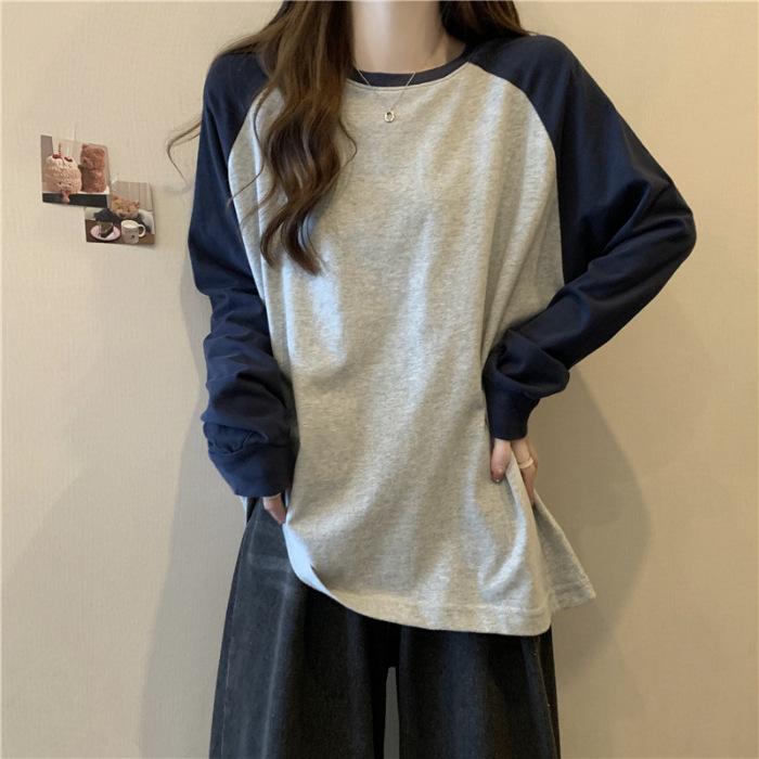 Women' Spring and Autumn Tee Tops for Women Shirts Grey O Neck Contrast Color Long Sleeve T Shirt Loose T-shirt Patchwork