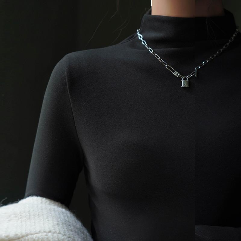 Осенне-зимняя женская нижняя рубашка с воротником до середины шеи и мягкой подкладкой, тонкая однотонная нижняя одежда, черная узкая блузка с длинными рукавами