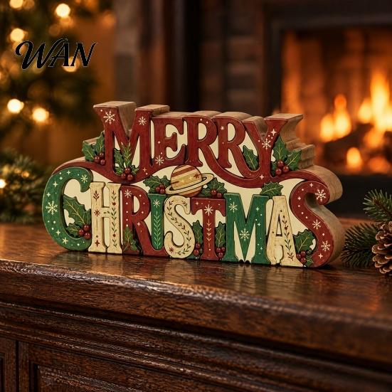 Rustic Festive Decor Wooden Merry Christmas Sign, 2D Flat Farmhouse Freestanding Table Centerpiece, Sign Tiered Tray Decoration for Mantel,