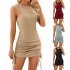 Womens Dresses Summer Solid Color Crew Neck Sleeveless Vest Drawstring Slim Fit Dress