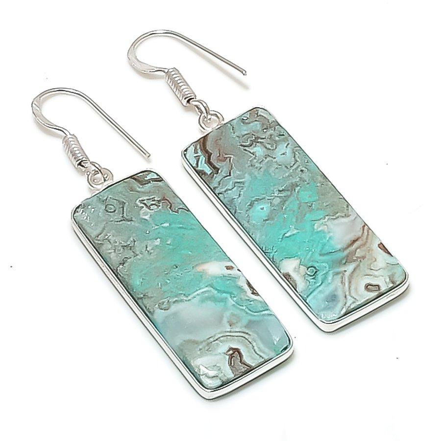 Натуральный Агат Кружевной Камень Ручной Работы Серьга из Стерлингового Серебра 925 пробы 2,13" AE-11439