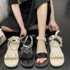 Footwear with Strap Sandals for Woman Rhinestones Women's Shoes Black Summer 2024 Diamond Low Heels One Word Trend Daily Korea H