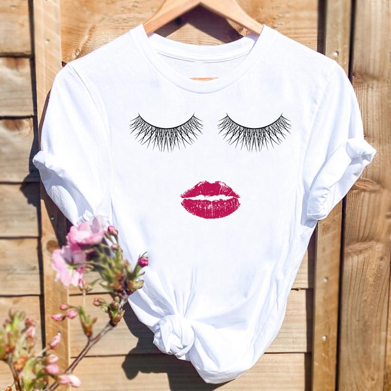 Women Print T-shirts Watercolor Eye Lashes Eyelashes Trend Graphic Tops Fashion Short Sleeve Summer Shirt Female Tees