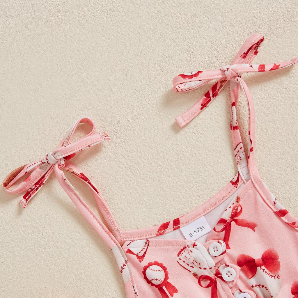 Летний комбинезон для девочек, шорты, бейсбольный принт, без рукавов, на тонких бретельках, с оборками, с поясом