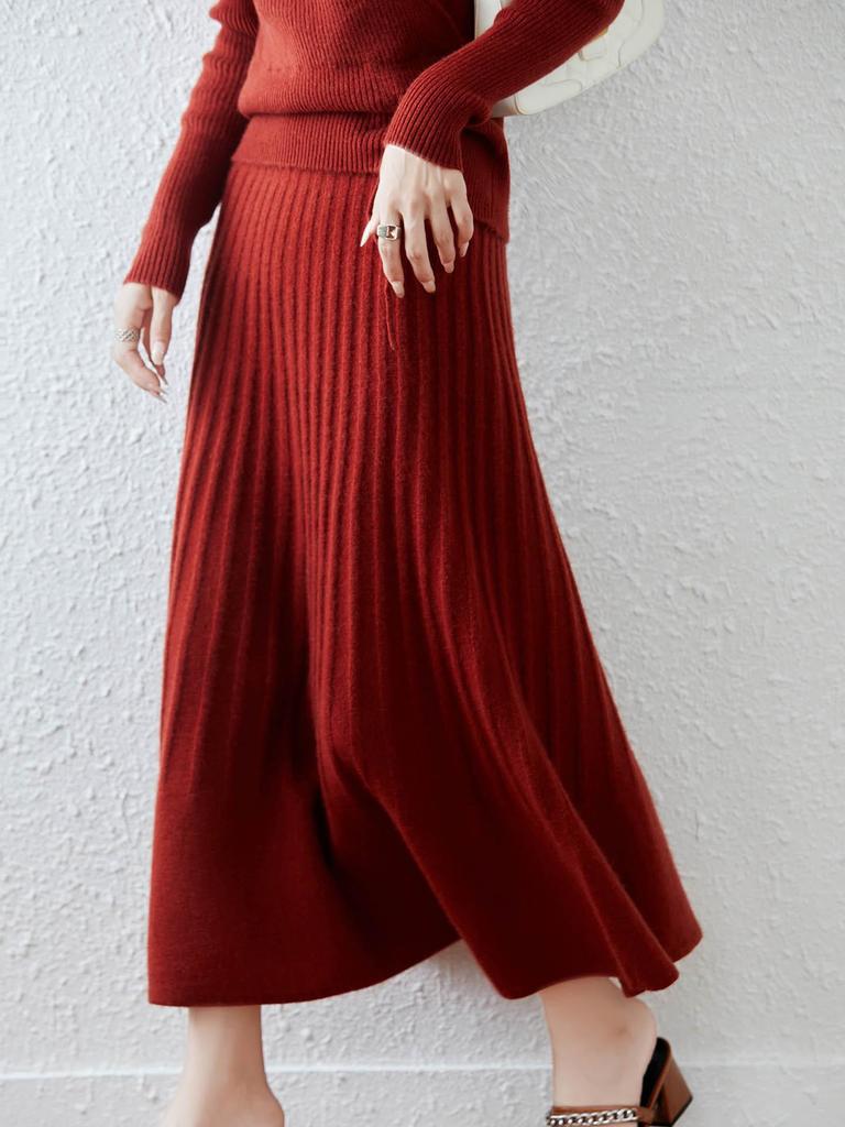 100% Wool Drapey A-Line Pleated Midi Skirt - Slimming and Large Swing Design for Spring and Autumn