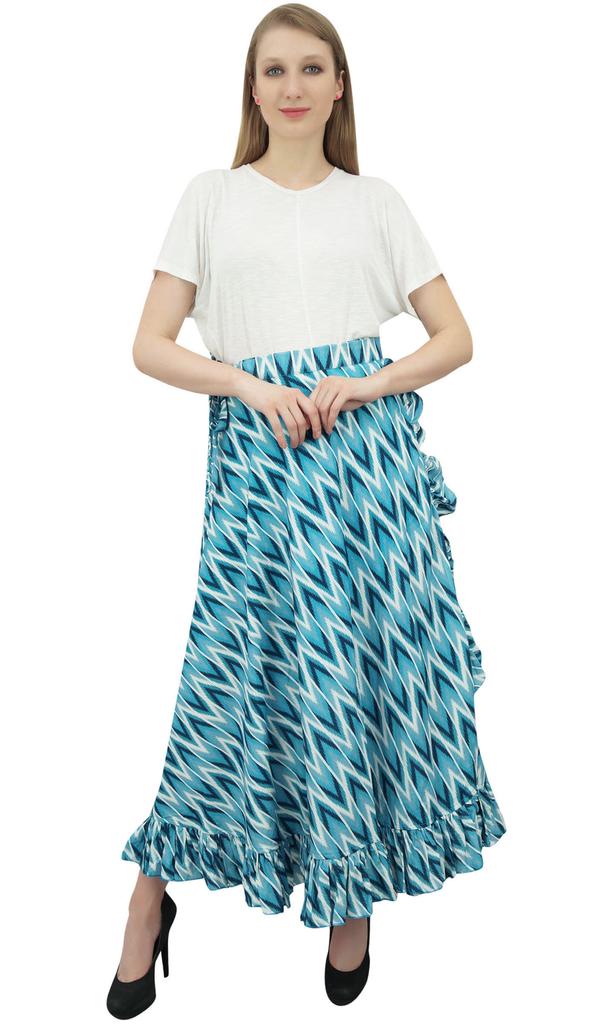 Phagun Cotton Ruffled Self Belt Ikat Printed Women's Wrap Hippie Skirt-Blue