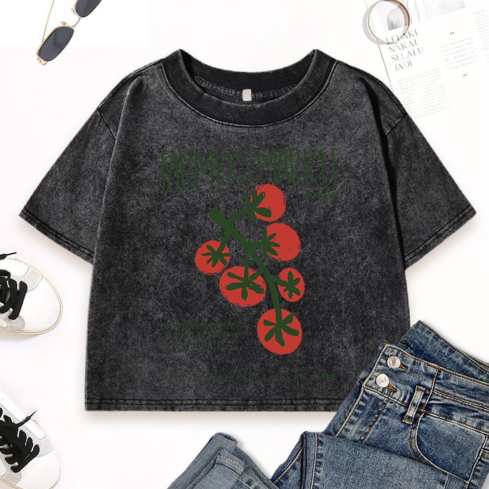 Farmer'S Market Tomatoes Print Crop Washed T Shirt Womens Summer Vintage Short Sleeve Cotton Slim Tops T-Shirts