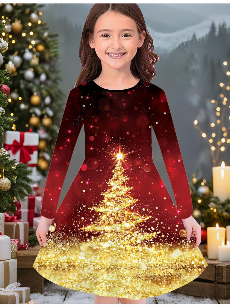 Girls' Autumn and Winter Fashion Dress, 3D Christmas Print  Round Neck Long Children's T-shirt Dress, Casual Versatile, Christmas Clothing