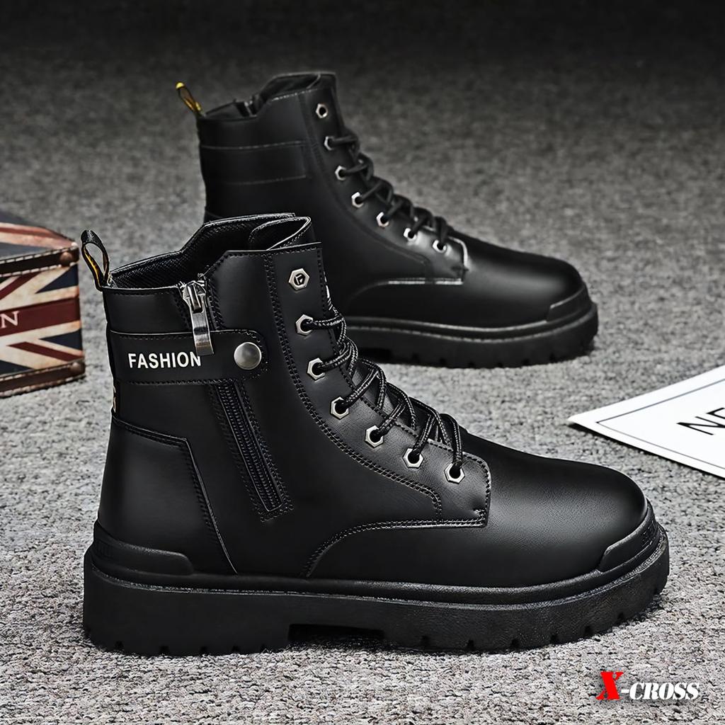 Cross Short Boots Black Side Zip Thick Sole Bike Lace Up Lace Up Side Zipper Business Military High Cut Easy To Wear Casual Boots Zip Side Zipper
