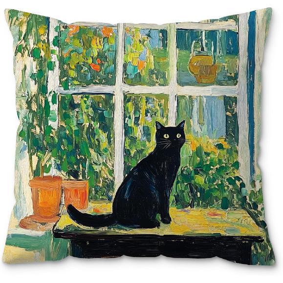 Boho Abstract Floral Black Cat Pillow Covers 18x18, Black Cat Gifts for Women, Cats Mom Lady Grandma Gifts, Whimsical Wildflower Kitten Decorative