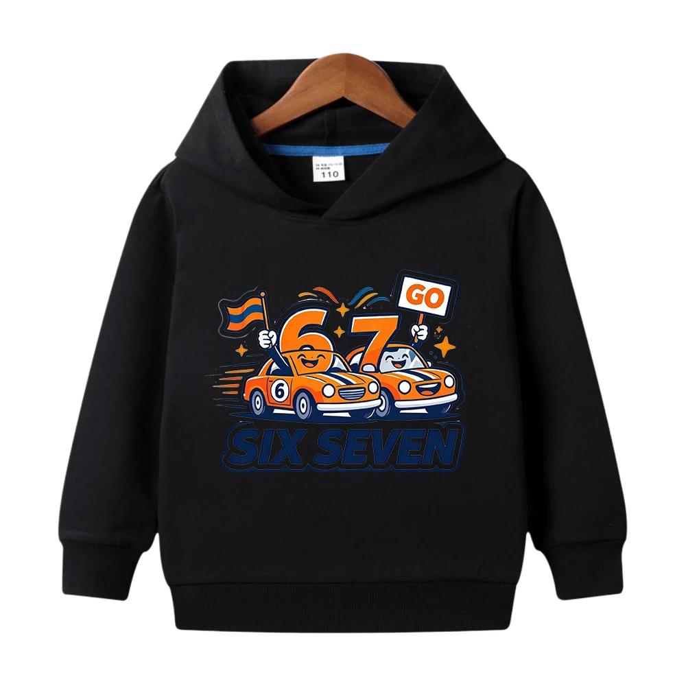 Casual hooded sweatshirt for kids featuring a cartoon car graphic, prints of the numbers "6" and "7," and long sleeves.