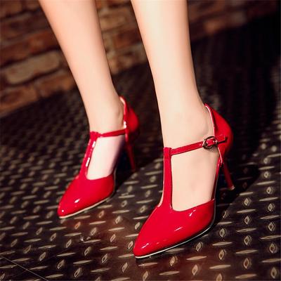 Футболки с Т-образным ремешком, одинарные туфли с острым носком и полой по бокам, туфли из лакированной кожи на высоком каблуке