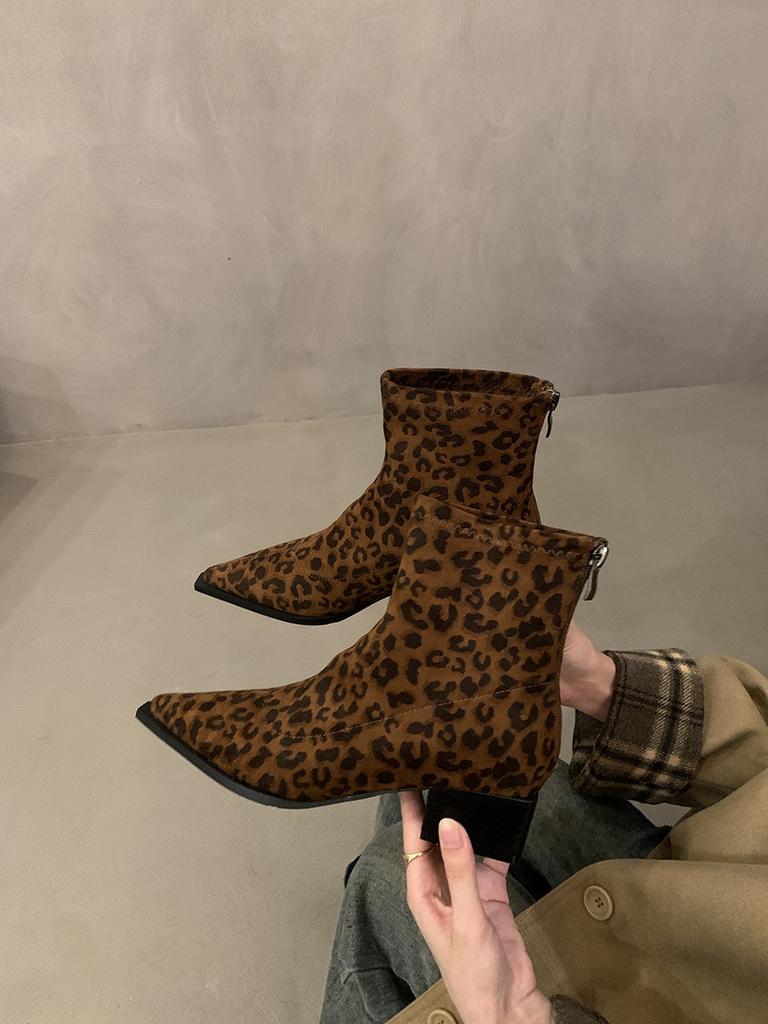 Coarse Heel Pointed Leopard Print Thin Short Boots Women's Shoes 2024 New Autumn and Winter Martin Boots Suede French Small Ankle Boots