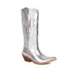 IPPEUM Silver Metallic Cowboy Boots Knee High Embroider Chunky Heel  Cowgirl Shoes Mid Calf Western Botas Cowboy Mujer