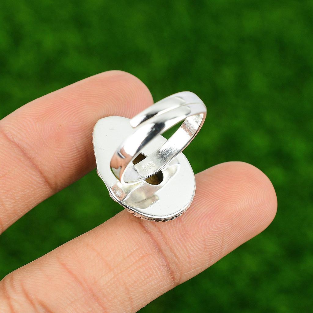 925 Sterling Silver Fossil Coral Stone Elegant Boho Statement Bezel Ring Jewelry