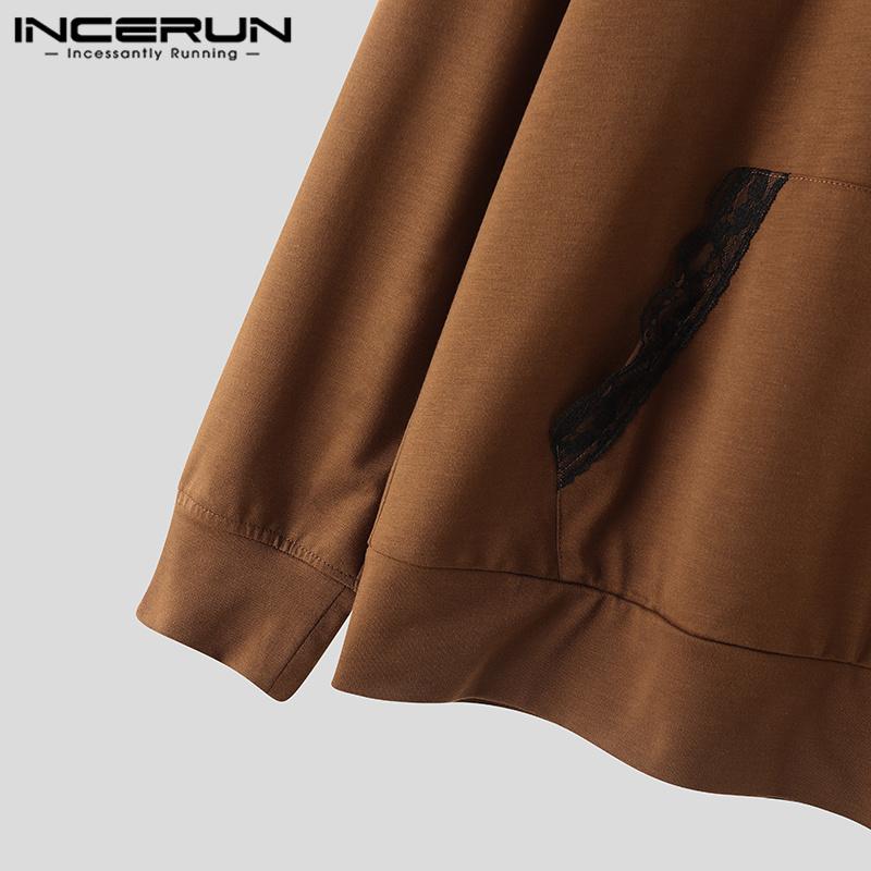 INCERUN Мужские толстовки с капюшоном с длинным рукавом и кружевным подолом, повседневные толстовки с капюшоном