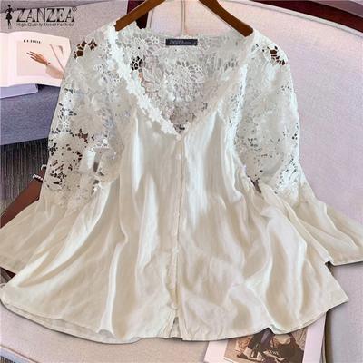 Женские осенние блузки с V-образным вырезом и длинным рукавом, однотонные кружевные блузки с цветочным принтом