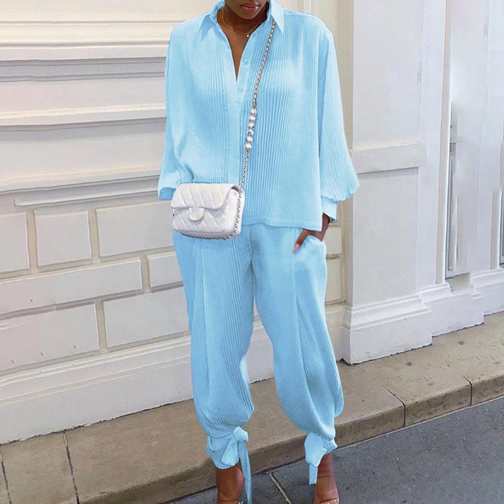 Модный женский костюм, свободный верхний воротник-стойка, рубашка с длинными рукавами, карманные брюки со шнуровкой по краю