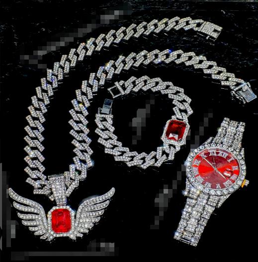 Stock Gold Men's Jewelry Set Alloy and Bling Rhinestone Iced Out Hip Hop Quartz Watch Bracelet Wing Pendant Necklace