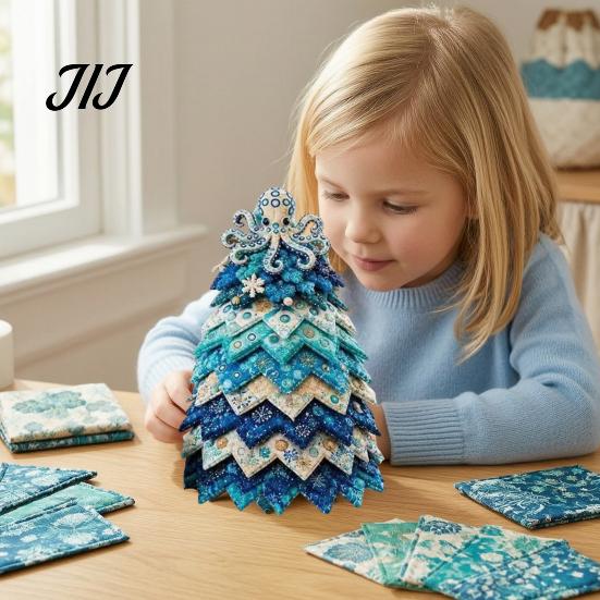 Seaside Home Decorative Ornaments DIY Quilted Ocean Christmas Tree Kit, Holiday 3D Fabric Patchwork Craft Desktop Window Decorations Coastal