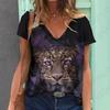 Summer V-neck 3D Animal Tigers Leopards Lions Printed Top Fashionable Casual Short Sleeved Women's T-shirts