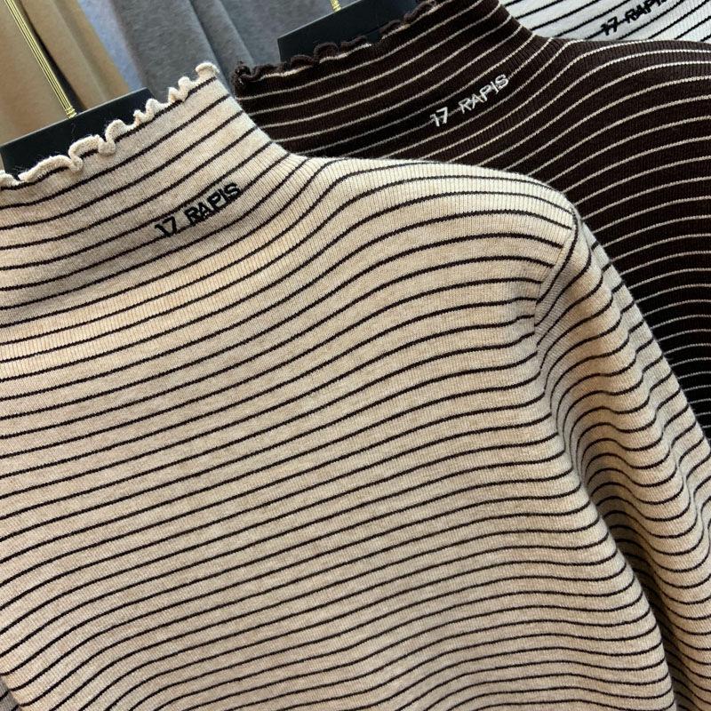 Women's Velvet Half-turtleneck, Striped Long-sleeved Undershirt, Autumn and Winter, Fungus Edge, Wear Outside