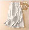 Cotton Linen Skirts Women's Chic Casual Medium Length Elegant Versatile Commuting Wear Large Swing Breath Skirt With Button