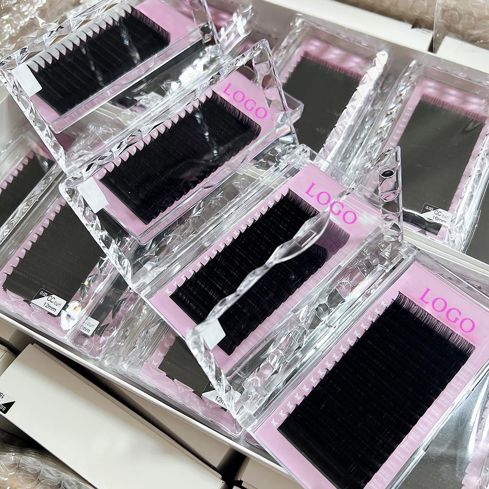 Premium PBT Faux Mink Lash Extensions Supplies Volume Private Label Fluffy Soft Dark Matte Black Cashmere Lash Trays