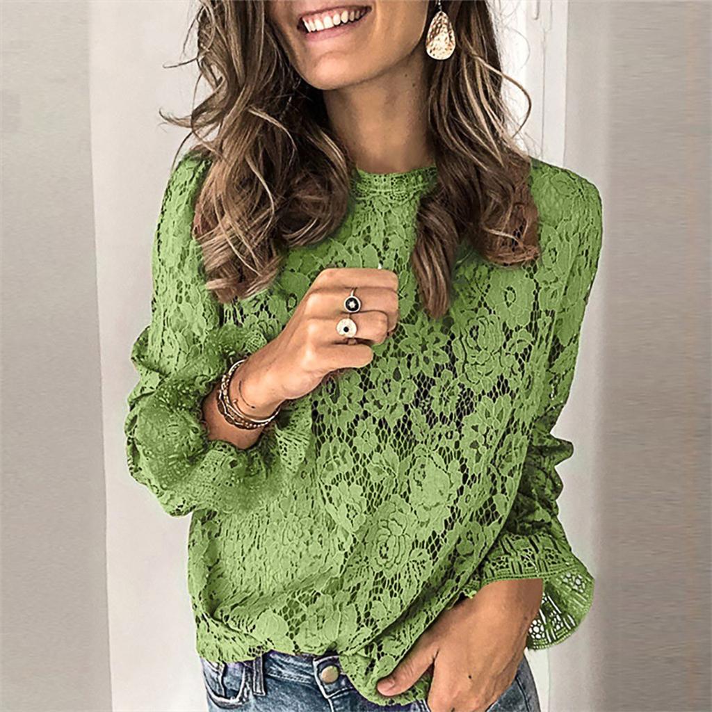Women's Round Neck Pullover Solid Color Pagoda Sleeve Long Sleeve Hollow Lace Shirt