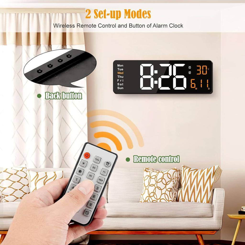 13-дюймовые цифровые настенные часы со светодиодной подсветкой, часы с дистанционным управлением и календарем, 12/24 ч, отображение даты, температуры