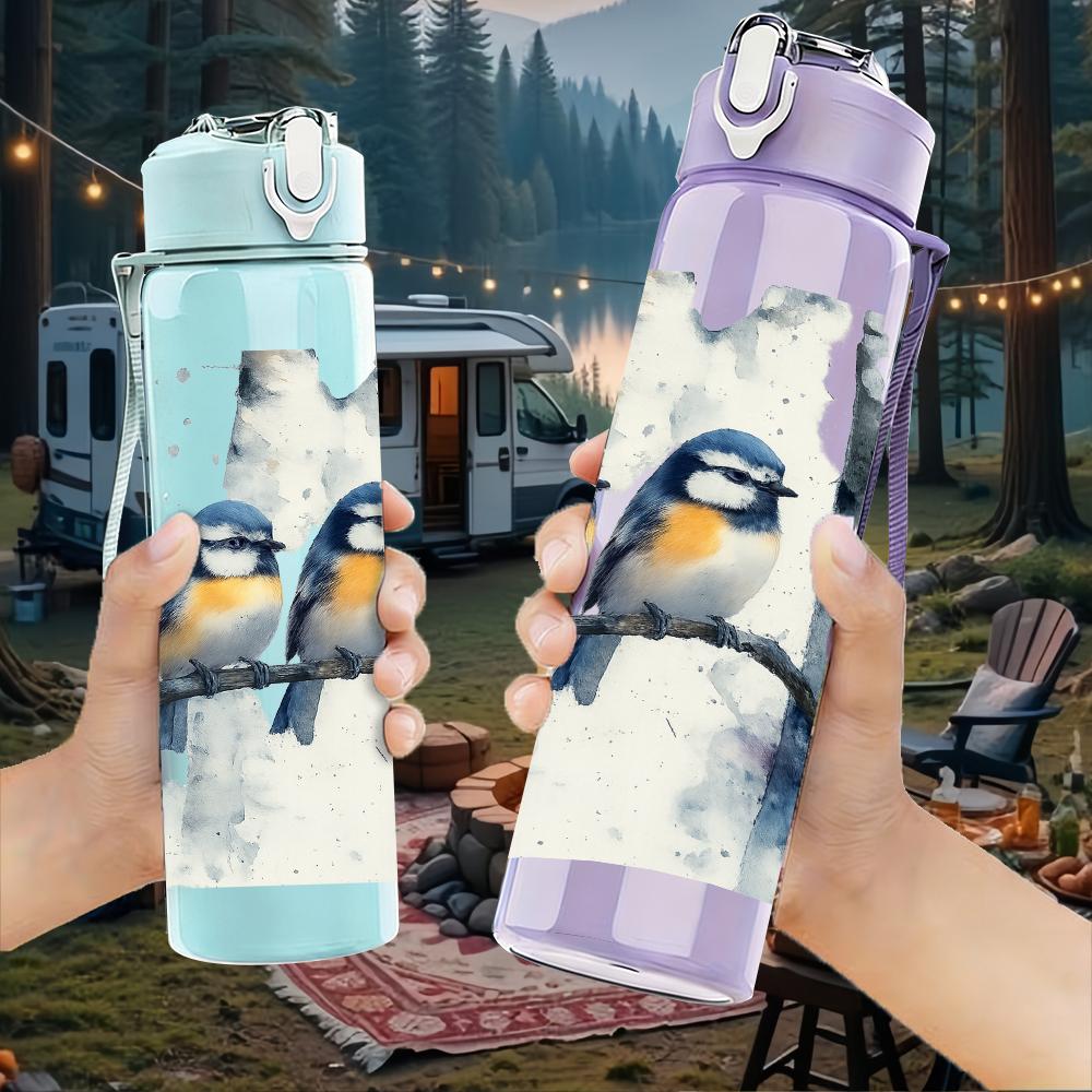 1PC Two Birds Birch Tree Branch 750ml Color Plastic Sports Water Bottle Leakproof Flip Straw Lid Suitable for Sports Office Home Use