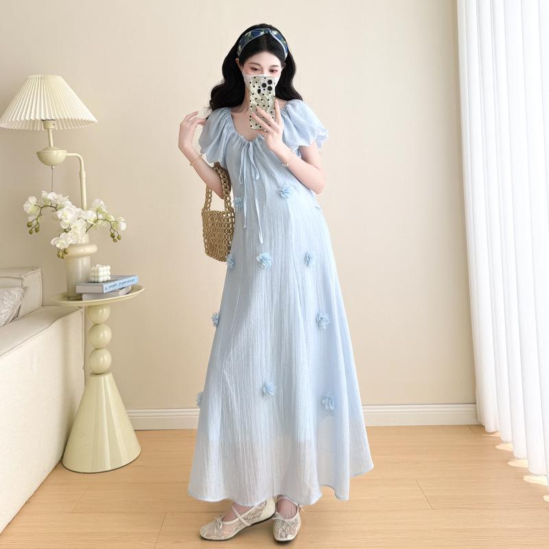 2026 Summer Korean Style Puff Sleeve Knee-Length Maternity Dress