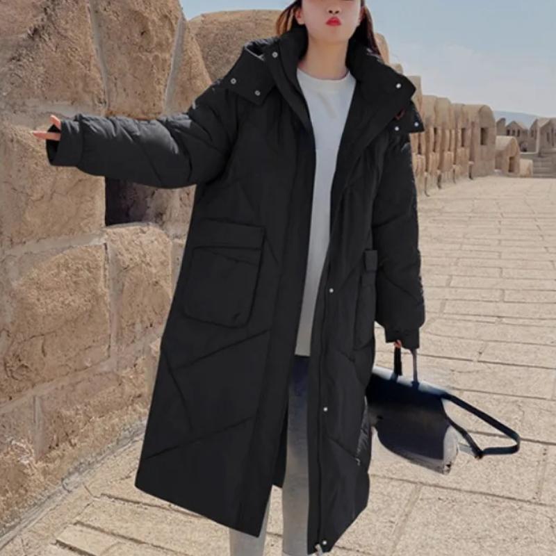 Женская куртка, черные зимние пуховые пальто, новинка 2023 года, свободная плотная женская одежда с длинными рукавами, однотонная парка с капюшоном, корейская мода