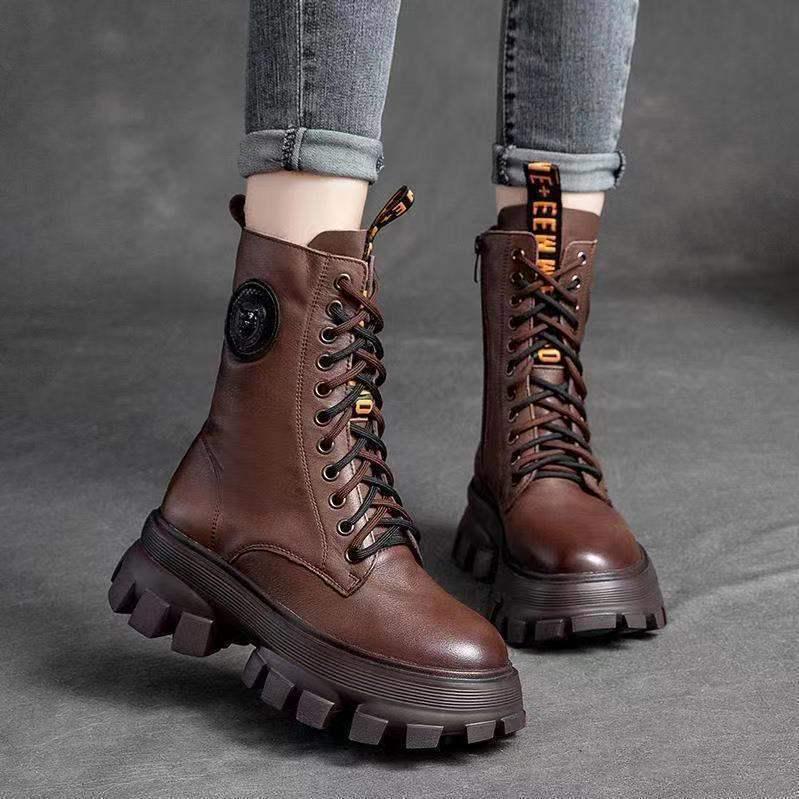 2025 Полусапоги до середины икры из мягкой кожи на массивном каблуке в стиле ретро Челси с нескользящей подошвой