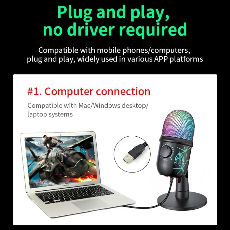USB-микрофон Play Gaming Mic для ПК Mac PS4/5 Podcast Microphone с RGB-монитором Mute, шумоподавлением для записи и трансляции