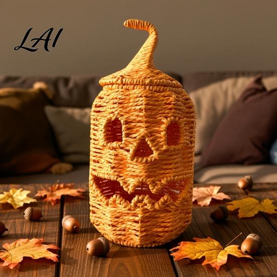Hand Woven Pumpkin Basket Handwoven Halloween Basket Spooky Candy Storage with Lid Vintage Wicker Unique Autumn Gift Light Up Lantern LED Candle for