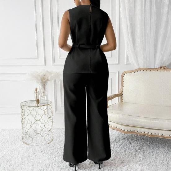 1 комплект женский топ-брюки костюм нарядный повседневный летний однотонный безрукавка рубашка с поясом широкие брюки комплект из двух частей домашний костюм