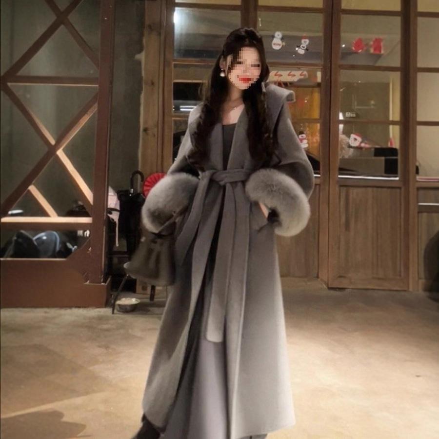 Elegant Faux Fur Sleeve Woolen Jacket With Belt Women Winter Lace Up Long Coats Fashion Office Lady Outerwear High Street