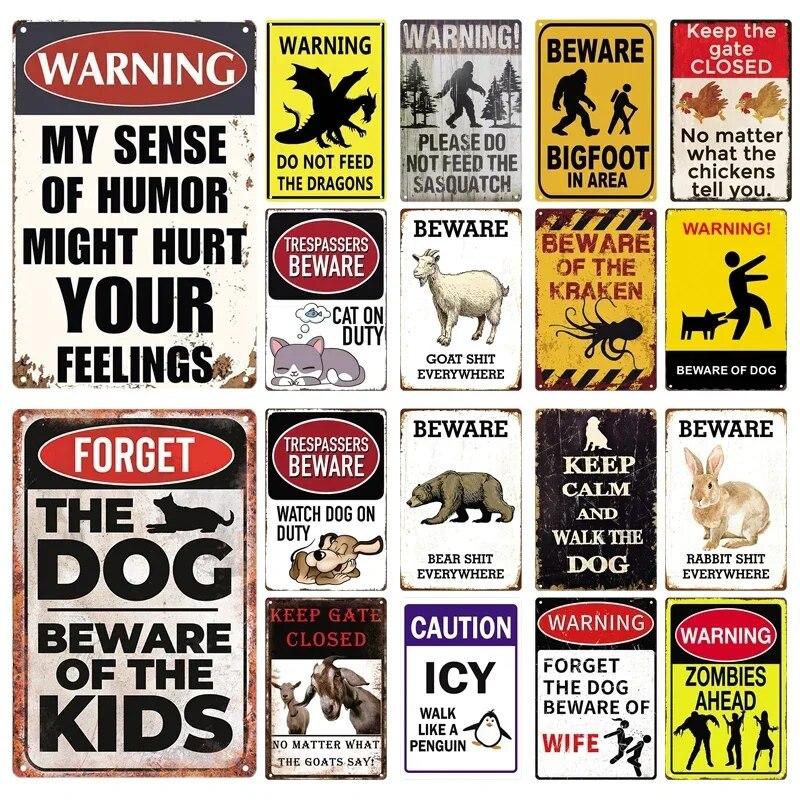 Beware Animals Dog Cat Bull Kraken Chickens Bigfoot Area Retro Tin Sign Caution Decorative Vintage Plaque Metal Poster Decor