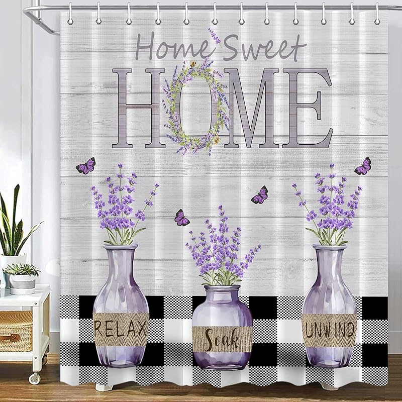 MERCHR Buffalo Check Plaid Shower Curtain 72 x 72 Inch, Farmhouse Wooden Board Shower Curtain, Rustic Flower Home Sweet Home Bath Curtain Polyester