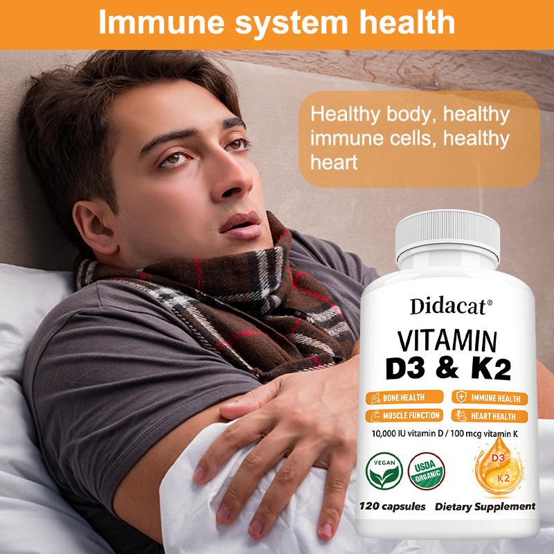Didacat Vitamin D3 & K2 10000 IU, USDA Organic 120 Capsules Bone & Immune Health Supplement