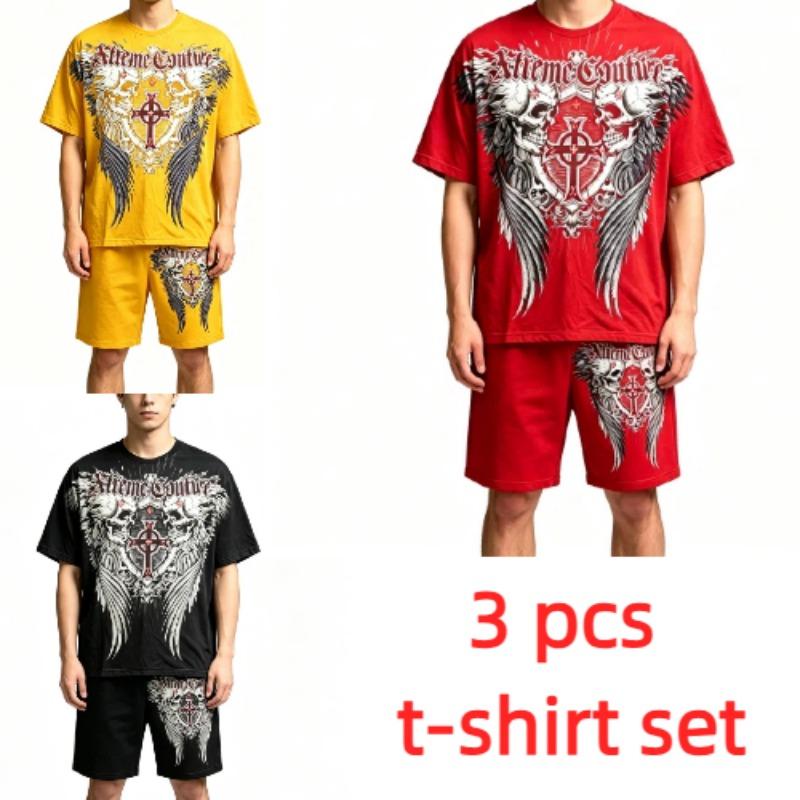 Summer Fashion Casual Retro Skull Angel Wing Printed Round Neck Short Sleeved T-Shirt And Shorts Set Men's and Women's T-shirt Shorts Set