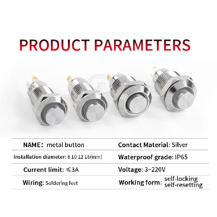 8 10 12 16 mm 3/6/12/24/110/220V pins high head small Waterproof Metal Push Button Switch LED Light Self-locking/Self-reset Switches4