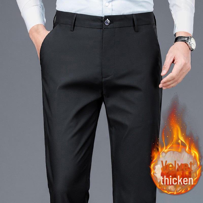 Men's Elastic Casual Thickened Formal Trousers for Autumn/Winter - Non-Iron, Loose, Straight Fit