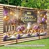 Elegant Retirement Backdrop, Sophisticated Black, Purple and Gold Party Scene with Crown, Lights and Balloons, Festive Luxury Wall Decor