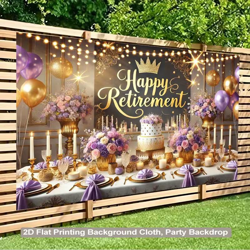 Elegant Retirement Backdrop, Sophisticated Black, Purple and Gold Party Scene with Crown, Lights and Balloons, Festive Luxury Wall Decor